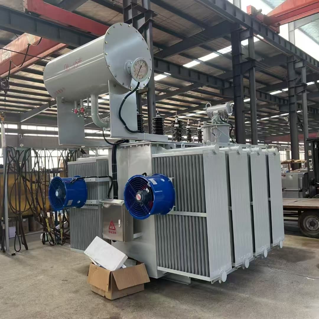 Large oil-immersed transformer with radiator banks and cooling fans